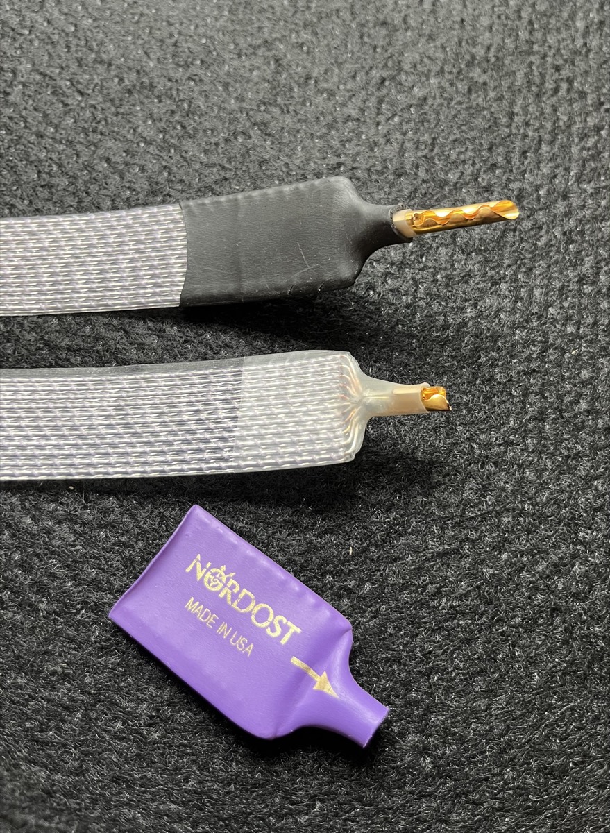 Damaged Nordost cable end with original banana plug removed