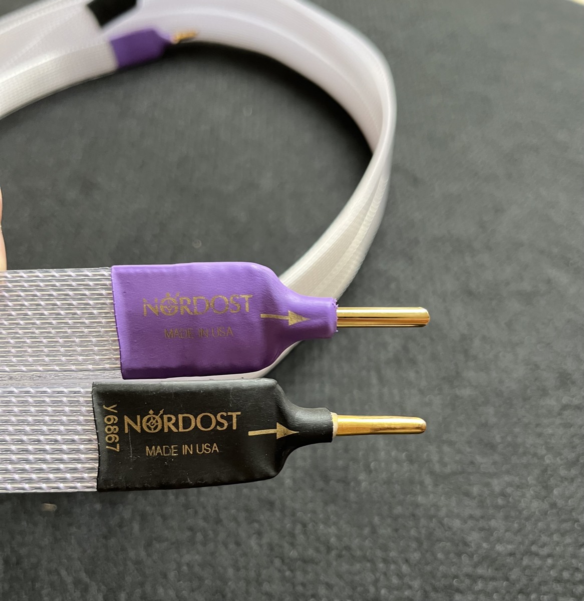 The finished pair of Nordost cables with new banana plugs